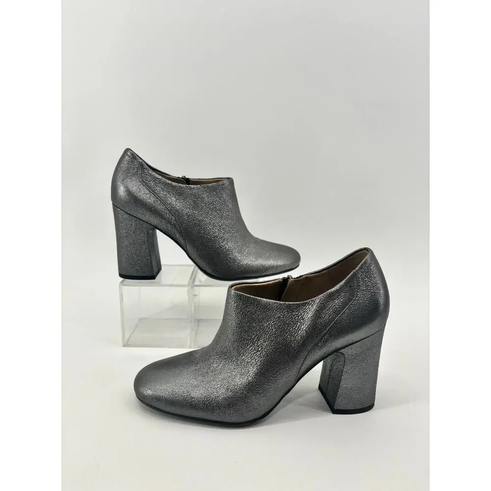 Naturalizer Womens 7.5 Metallic Pewter Gray Block Heel Ankle Booties